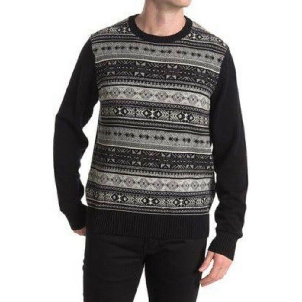 Weatherproof Vintage Men's Fair Isle Holiday Black Gray Cotton Sweater Large